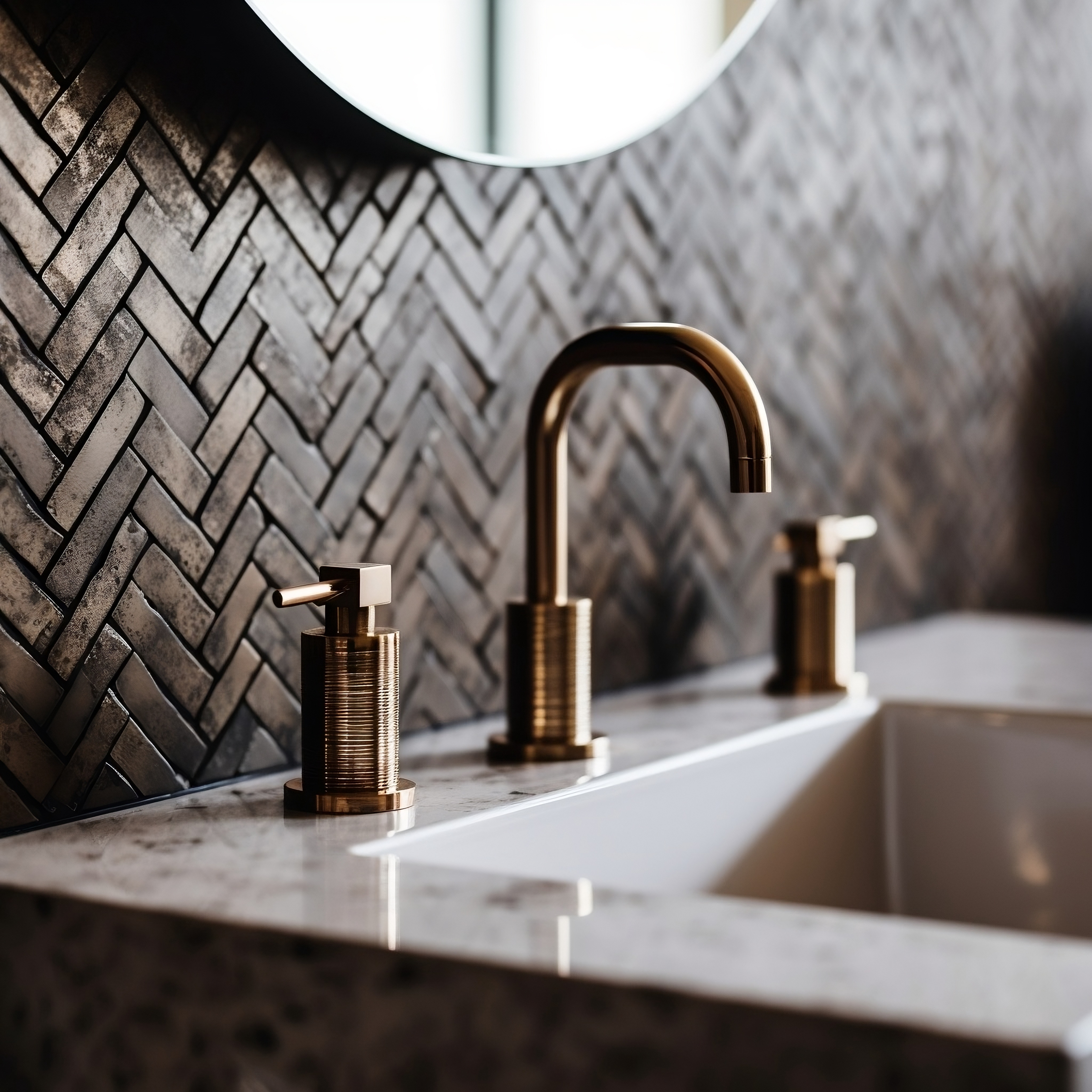 Premium brass faucet with herringbone tile backsplash